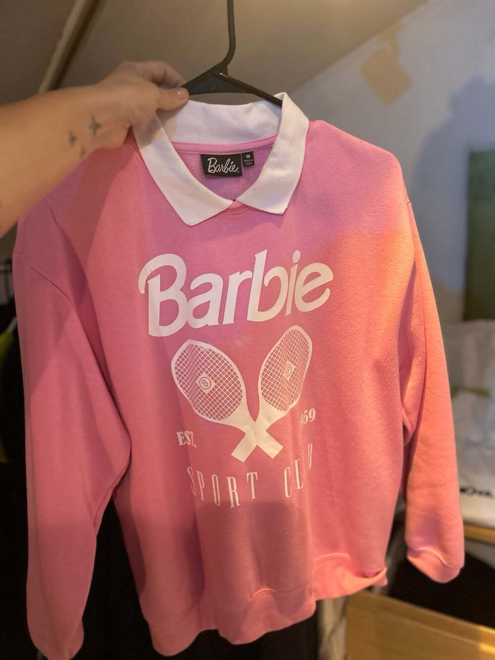 Barbie Sport Club Collared Sweatshirt Size M Pink White Tennis